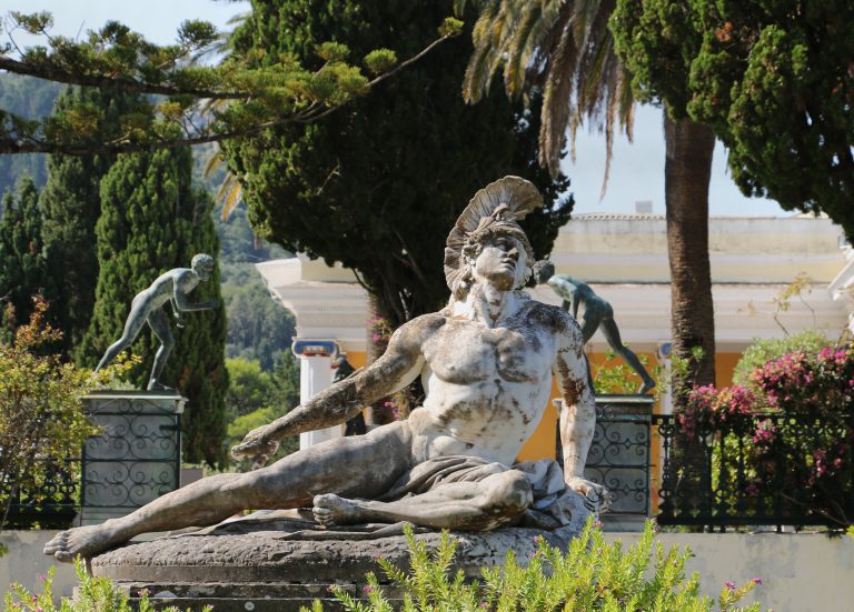 Statue of Dying Achillesin the gardens of Achilleion palace. Located on greek Corfu island, Greece.