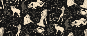 Illustrations of the Zodiac symbols, with Aquarius at the center