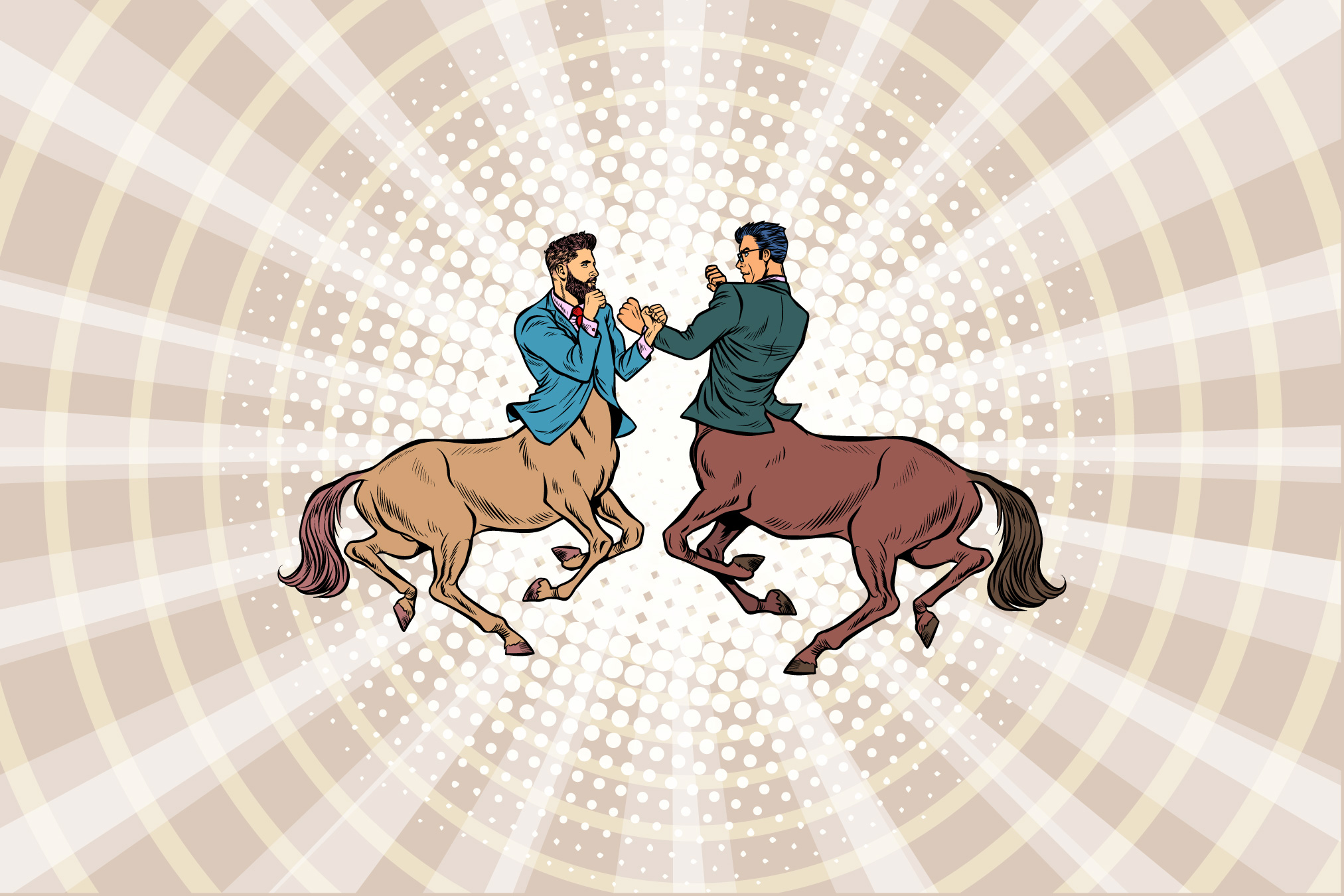 Two centaurs dressed as businessmen, fighting