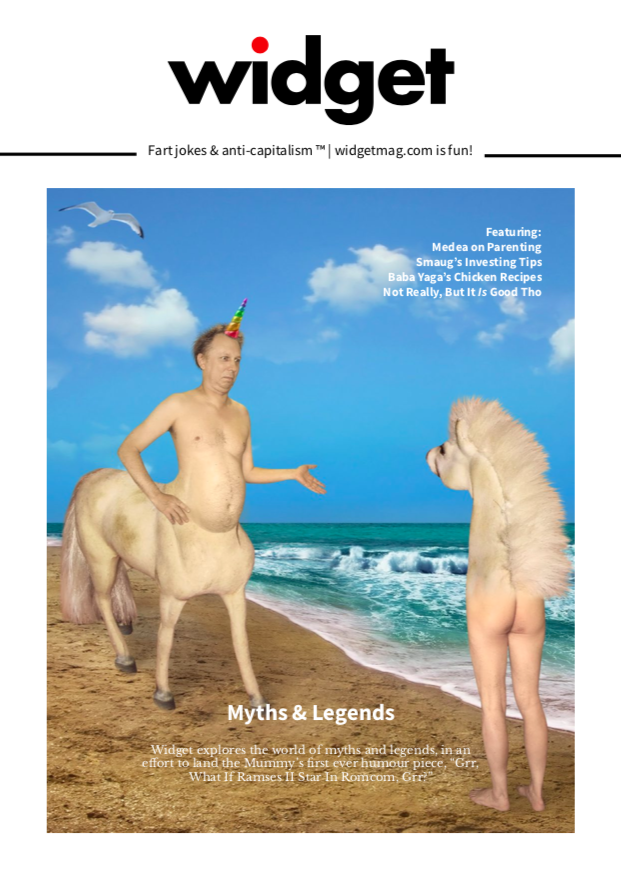 Cover of Widget mag #1, with a unicorn man on the beach