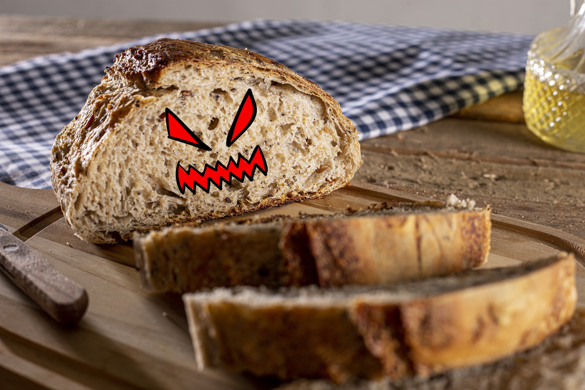 A loaf of bread with cartoonish evil face