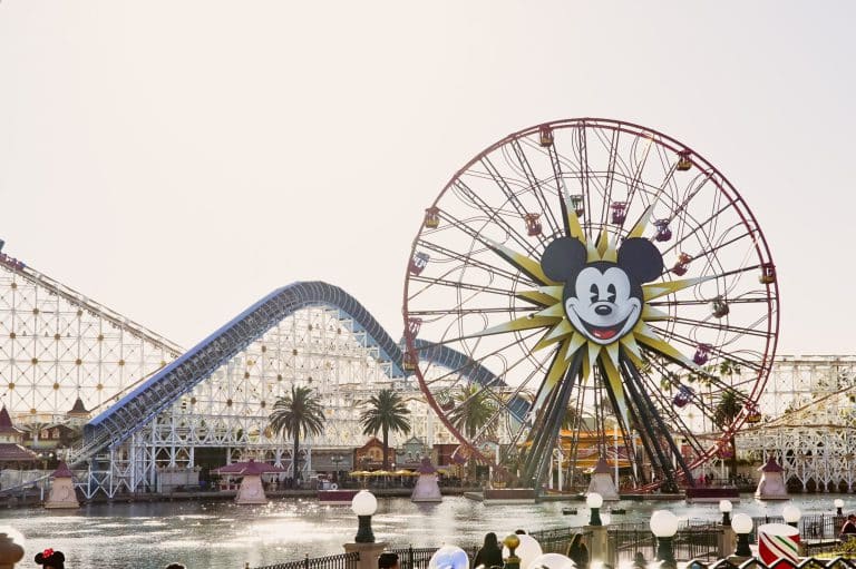 Roller coaster emblazoned with Mickey Mouse’s face at a Disney theme park