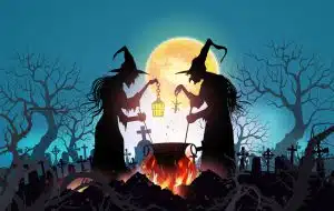 Happy Halloween background with Old witch with magical potion and the dead trees under the moonlight.- Vector illustration