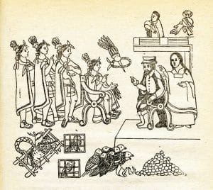 Illustration of when Cortes and La Malinche meet Moctezuma in Tenochtitlan, November 8, 1519