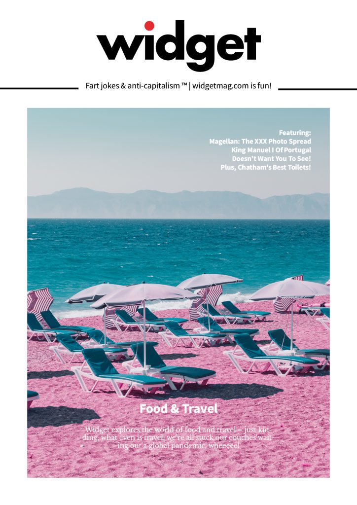 Cover of Widget mag #2, with blue chairs on a pink beach