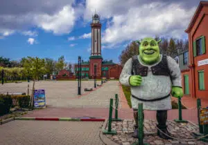 Shrek figure on the square in front of lighthouse in Niechorze, small village on the Baltic Sea coast