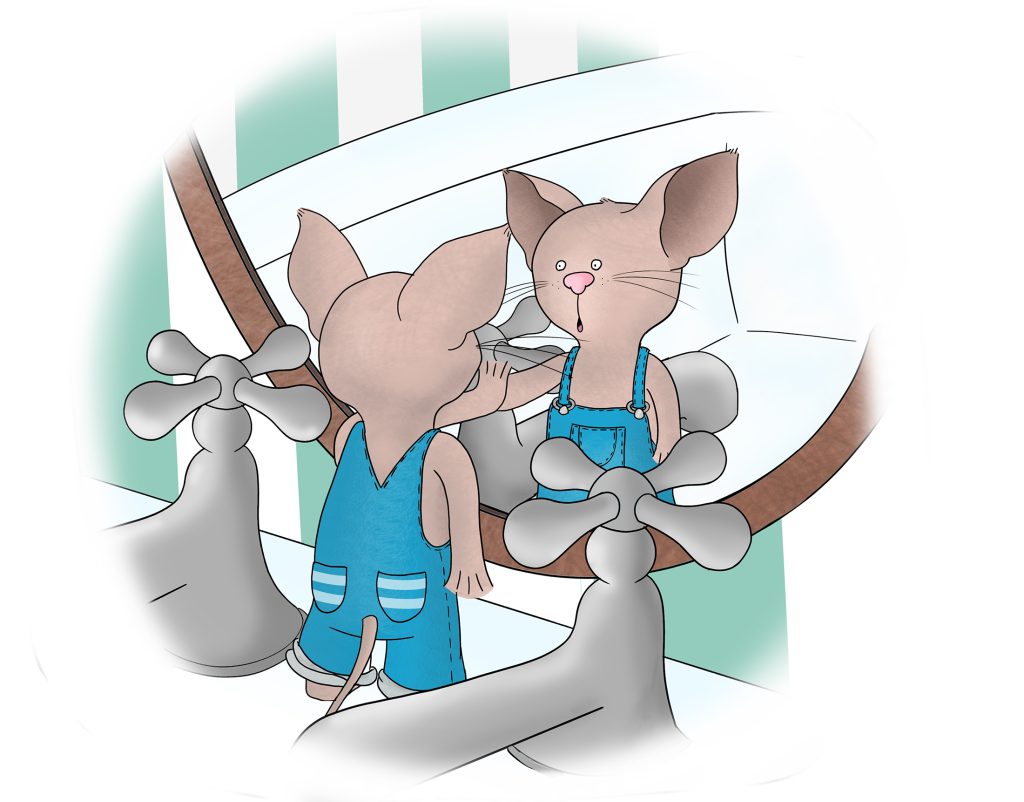 Cartoon mouse looking into a mirror, perplexed