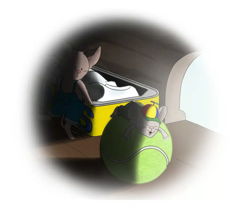 Cartoon mouse looking anxiously at another mouse sleeping on a tennis ball