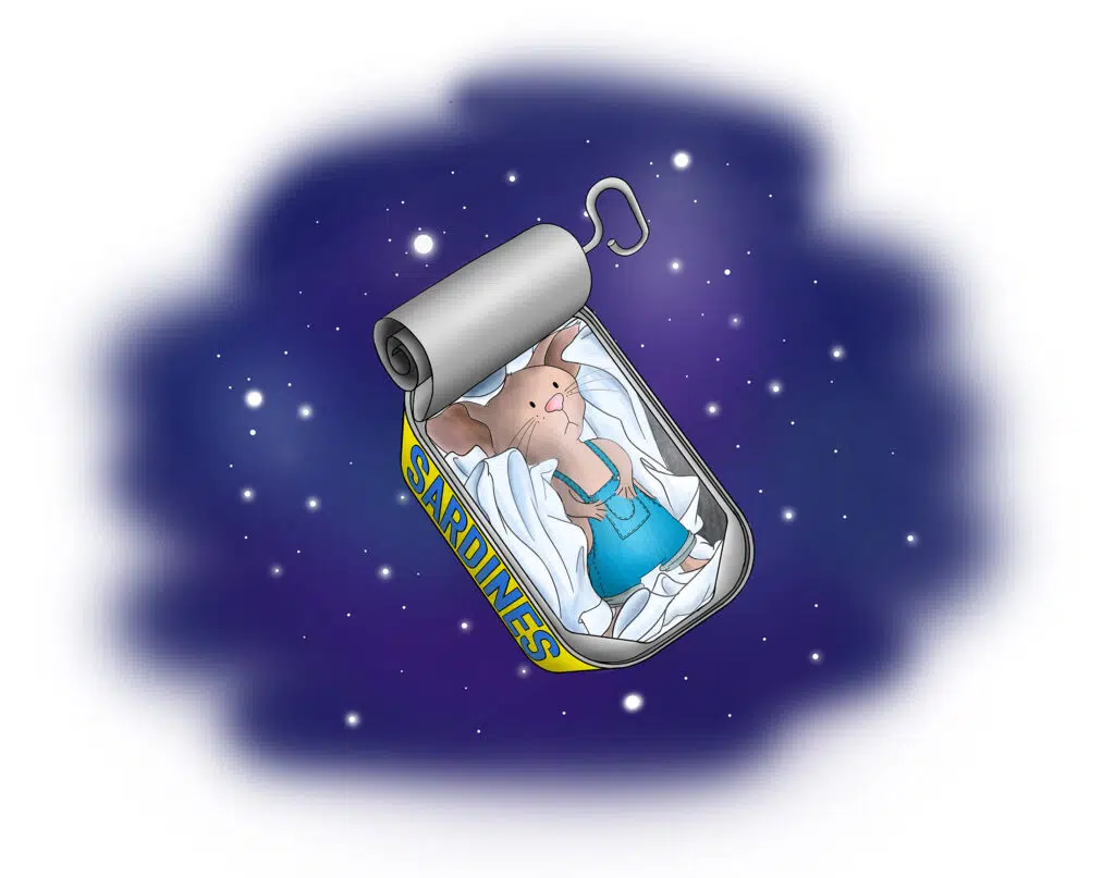 Cartoon mouse unable to sleep in a sardine can drifting through space