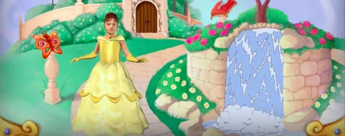 Screenshot from Disney Princess video game of a truly unsettling game model dressed like Belle