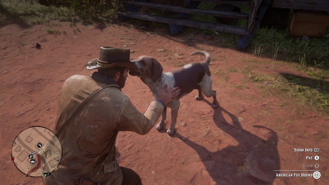 Screenshot of RDR2 petting a quote-unquote heckin good doggo