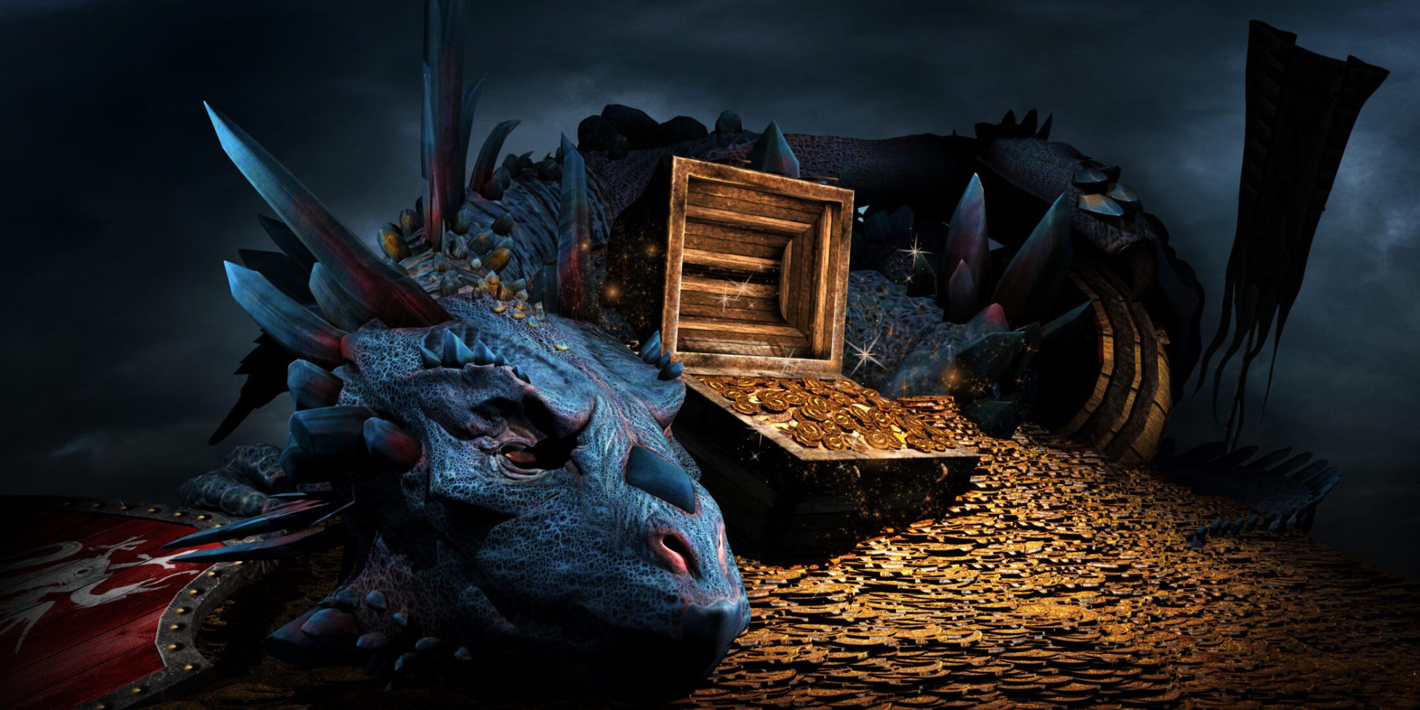 Fantasy scene with blue dragon, treasure chest and pile of golden coins