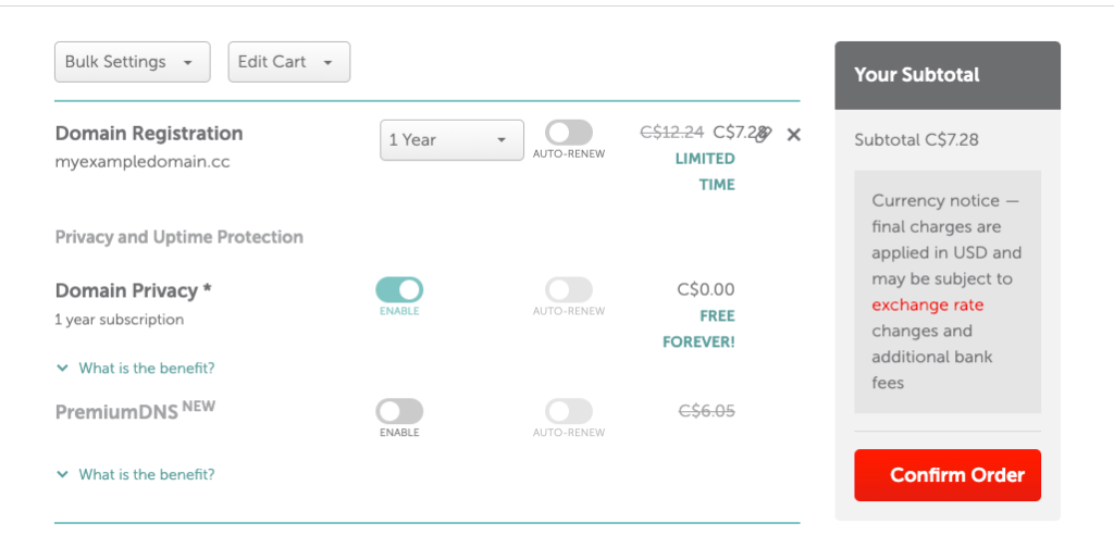 Screengrab of sales checkout from domain registrar