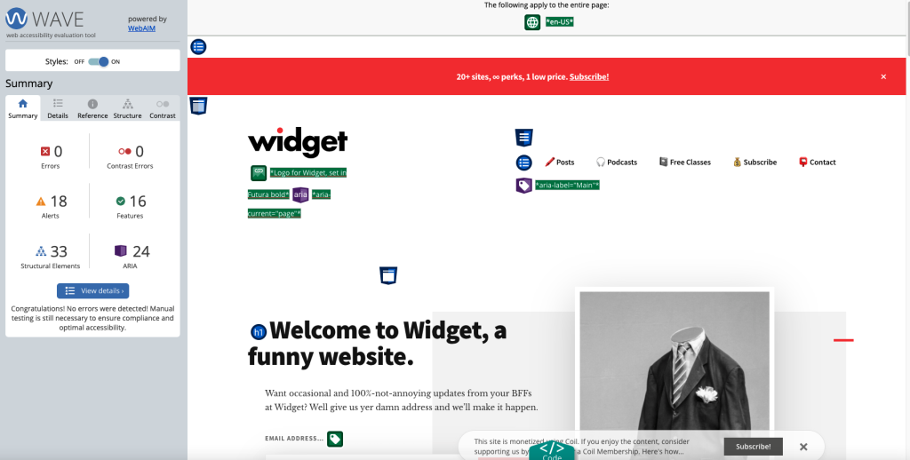 Screenshot of widgetmag.com scanned with WAVE accessibility checker