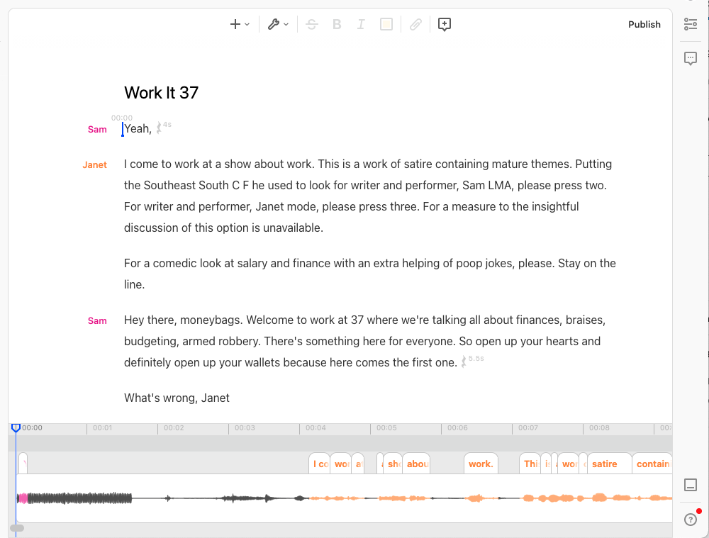 Screenshot of Descript transcription app.