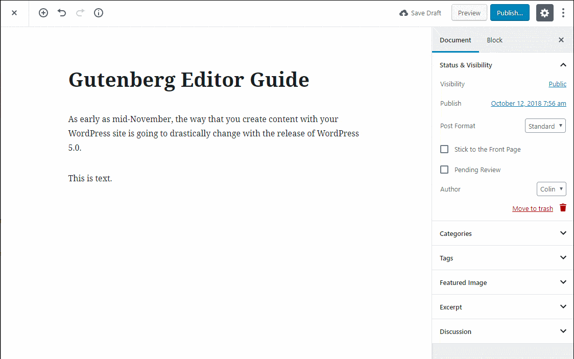 Gif showing the wordpress block editor